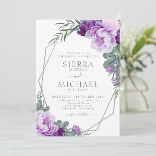 エレガントシルバー&パープルフローラユーカリ結婚ス 招待状 (スタンド正面)