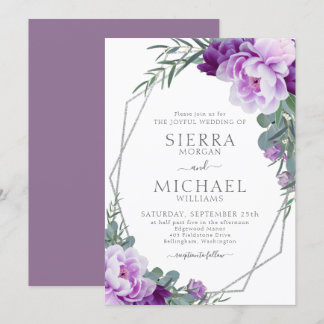 エレガントシルバー&パープルフローラユーカリ結婚ス 招待状
