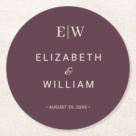 エレガントシンプルさくらんぼラッカー、モノグラム結婚ズ ラウンドペーパーコースター (正面)