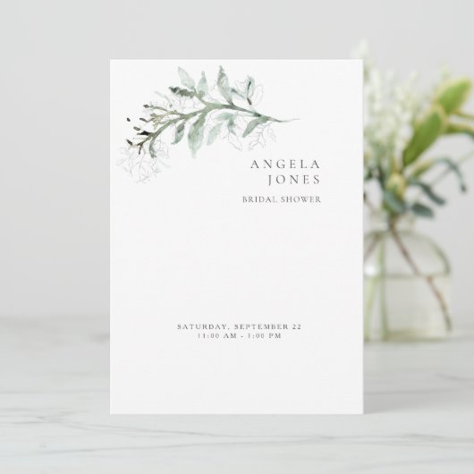 エレガントシンプルの葉の白ブライダルシャワー 招待状 (スタンド正面)