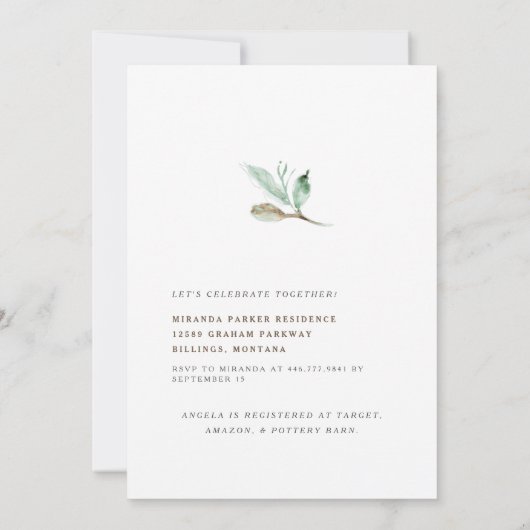 エレガントシンプルの葉の白ブライダルシャワー 招待状 (裏面)