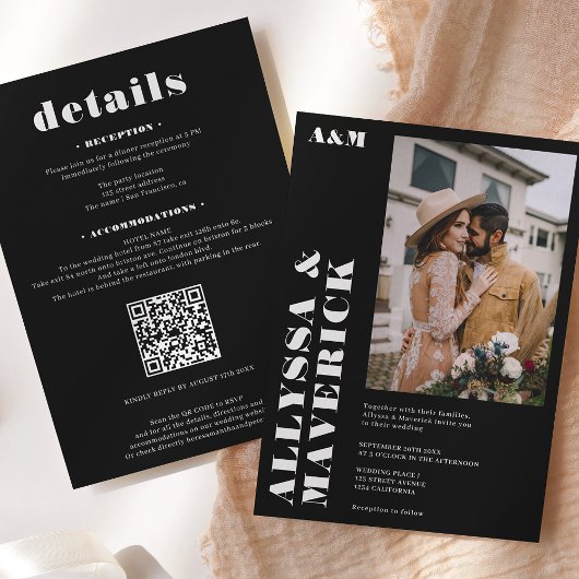 エレガントシンプルはっきりした白結婚黒 招待状