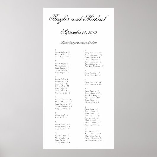 エレガントシンプルアルファベット座席表A-M ポスター (正面)