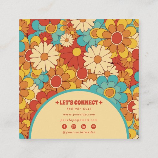 エレガントシンプルオレンジ青レトログルーヴィフローラ スクエア名刺 (裏面)