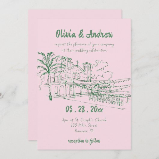 エレガントシンプルカトリック手描き教会結婚 招待状 (正面/裏面)