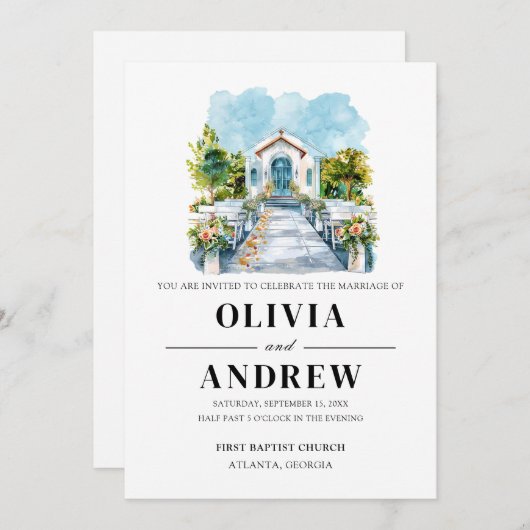 エレガントシンプルカトリック教会結婚会場 招待状 (正面/裏面)