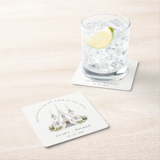 エレガントシンプルカトリック水彩教会結婚教会 スクエアペーパーコースター (インサイチュ)