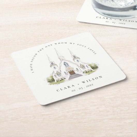 エレガントシンプルカトリック水彩教会結婚教会 スクエアペーパーコースター (アングル)