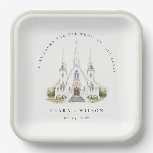 エレガントシンプルカトリック水彩教会結婚教会 ペーパープレート (正面)