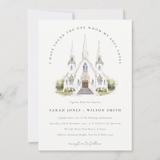エレガントシンプルカトリック水彩教会結婚教会 招待状 (正面)