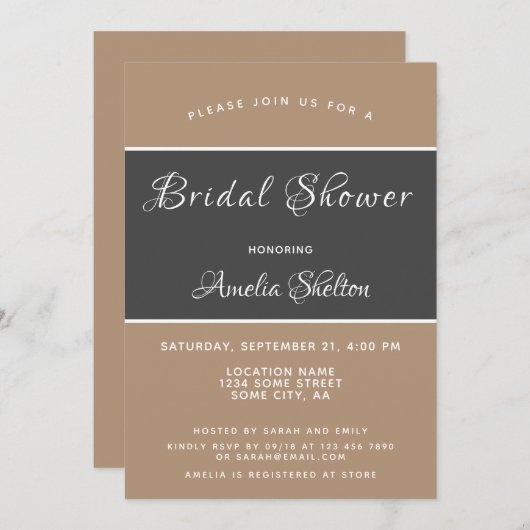 エレガントシンプルグレーベージュブライダルシャワー 招待状 (正面/裏面)