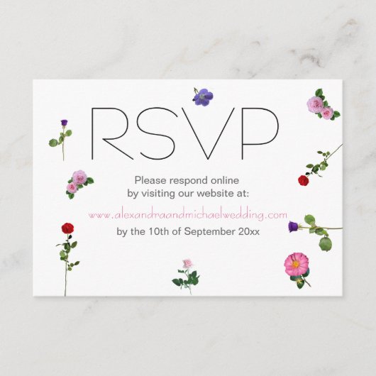 エレガントシンプルシックフローラウェディングRSVP エンクロージャーカード (正面)