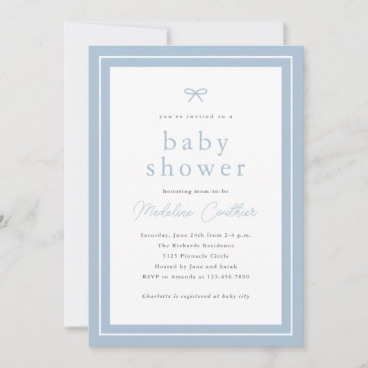 エレガントシンプルダスティブルーボーイズベビーシャワー 招待状 (正面)