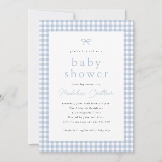 エレガントシンプルダスティブルーボーイズベビーシャワー 招待状 (正面)