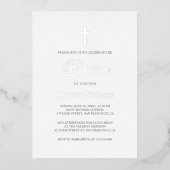 エレガントシンプルネイビーブルーシルバークロスバプテスマ 箔招待状 (正面)