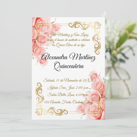 エレガントシンプルピンクローズ金ゴールドフローラキンセアニラ 招待状 (スタンド正面)