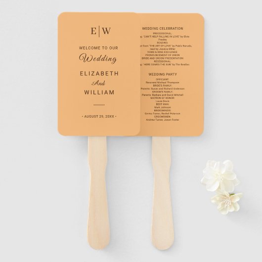 エレガントシンプルピーチモノグラム結婚ズ ハンドファン (正面&裏面)