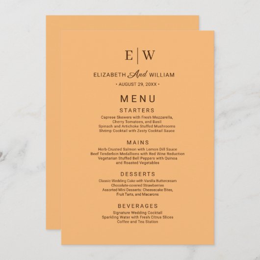 エレガントシンプルピーチモノグラム結婚ズ メニュー (正面/裏面)