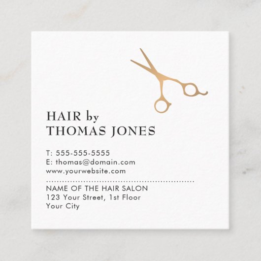エレガントシンプルフェイク金ゴールドのシザースヘア スクエア名刺 (正面)