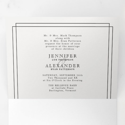 エレガントシンプルフォーマル白黒結婚の3倍 三つ折り招待状 (内部最初)