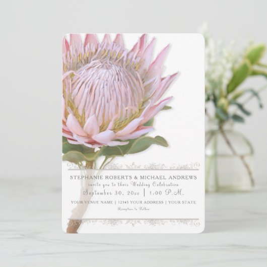 エレガントシンプルフローラピンクプロテアフラワー 招待状 (スタンド正面)