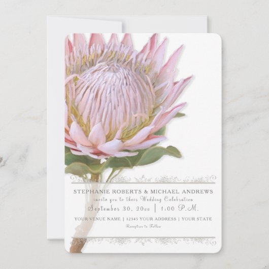 エレガントシンプルフローラピンクプロテアフラワー 招待状 (正面)