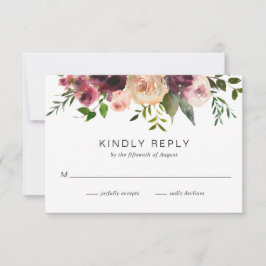 エレガントシンプルフローラブルグンディ素朴結婚ズ 出欠カード