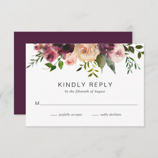 エレガントシンプルフローラブルグンディ素朴結婚ズ 出欠カード (正面/裏面)