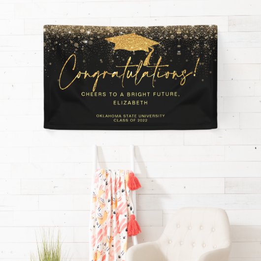 エレガントシンプルブラック金ゴールドグリッター卒業バーン 横断幕 (インサイチュ)