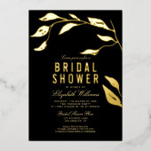 エレガントシンプルブランチブラックブライダルシャワー金ゴールド 箔招待状 (正面)
