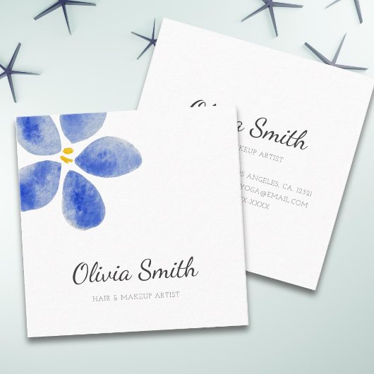 エレガントシンプルブルーウォーター色フローラ美しい スクエア名刺