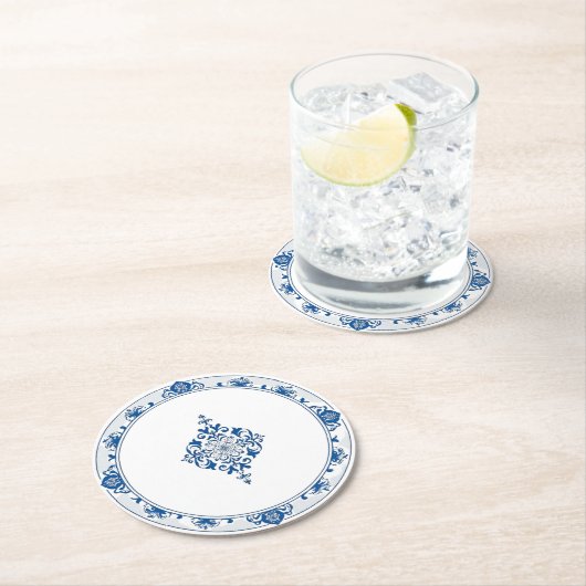 エレガントシンプルブルーホワイトフラワーchinoiserieスタイル ラウンドペーパーコースター (インサイチュ)