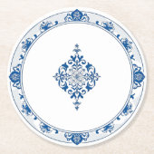 エレガントシンプルブルーホワイトフラワーchinoiserieスタイル ラウンドペーパーコースター (正面)
