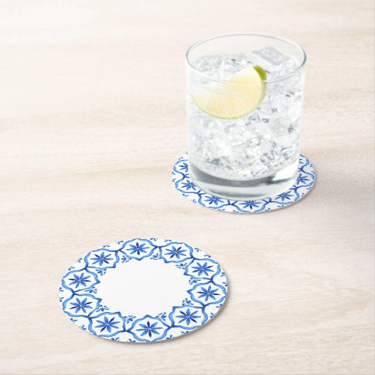 エレガントシンプルブルーホワイトフラワーchinoiserieスタイル ラウンドペーパーコースター (インサイチュ)