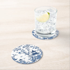 エレガントシンプルブルーホワイトフラワーchinoiserieスタイル ラウンドペーパーコースター