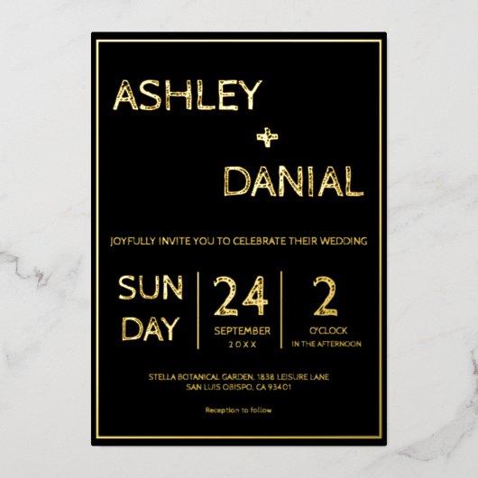 エレガントシンプルミニマリスト黒と金ゴールド結婚ズ 箔招待状 (正面)