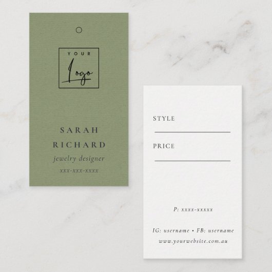 エレガントシンプルミニマルKraftグリーンロゴ価格ラベル 名刺 (正面/裏面)