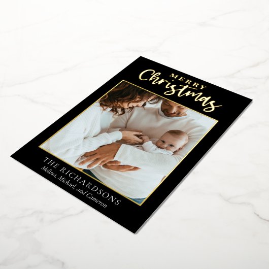 エレガントシンプルメリークリスマスファミリーフォトトレンディー 箔シーズンカード (回転した状態)