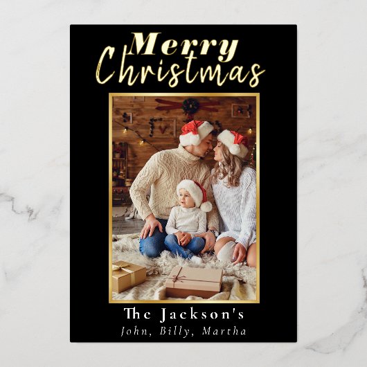 エレガントシンプルメリークリスマスファミリーフォトトレンディー 箔シーズンカード (正面)