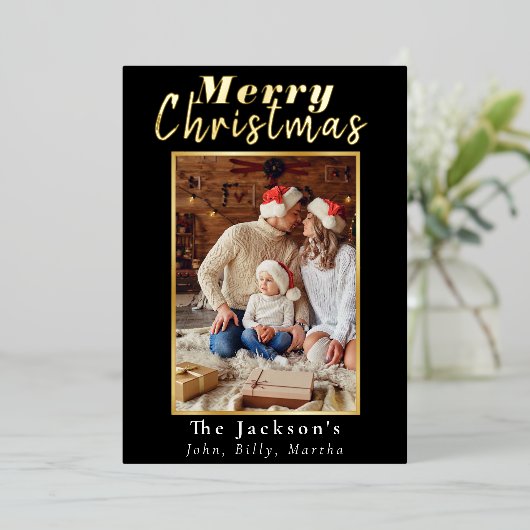 エレガントシンプルメリークリスマスファミリーフォトトレンディー 箔シーズンカード (立ち正面)
