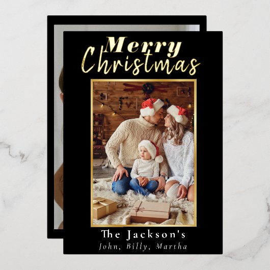 エレガントシンプルメリークリスマスファミリーフォトトレンディー 箔シーズンカード (正面/裏面)