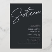 エレガントシンプルモダングレー写真甘い16シルバー 箔招待状 (正面)