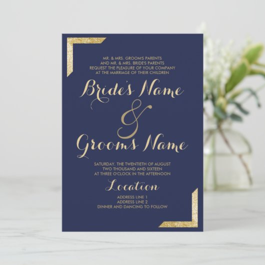 エレガントシンプルモダンネイビ金ゴールド結婚ズ 招待状 (スタンド正面)