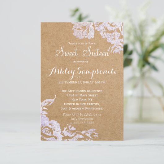 エレガントシンプルモダンバラフローラフェイク銀 招待状 (スタンド正面)