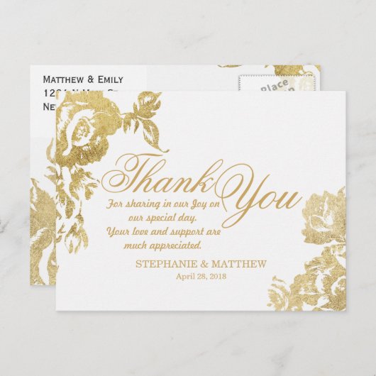 エレガントシンプルモダンバラフローラ金ゴールドありがとう ポストカード (正面/裏面)