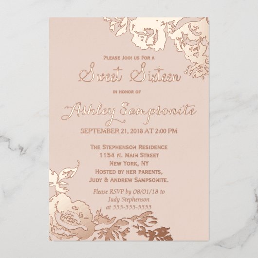 エレガントシンプルモダンバラフローラ金ゴールドスイート16 箔招待状 (正面)