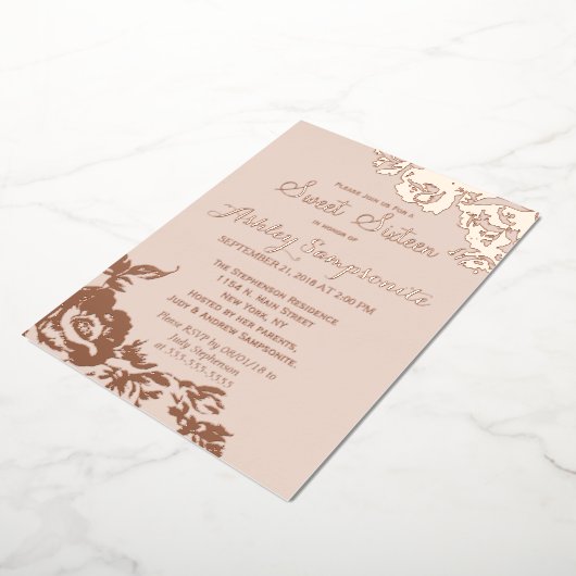 エレガントシンプルモダンバラフローラ金ゴールドスイート16 箔招待状 (回転した状態)