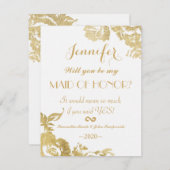 エレガントシンプルモダンフローラ金ゴールドメイド・オブ・オーナー（花嫁付き添い人） 招待状 (正面/裏面)