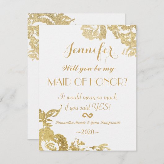 エレガントシンプルモダンフローラ金ゴールドメイド・オブ・オーナー(花嫁付き添い人) 招待状 (正面/裏面)
