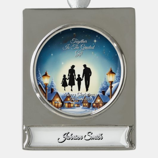 エレガントシンプルモダンヴィンテージ家族クリスマス シルバープレートバナーオーナメント (正面)